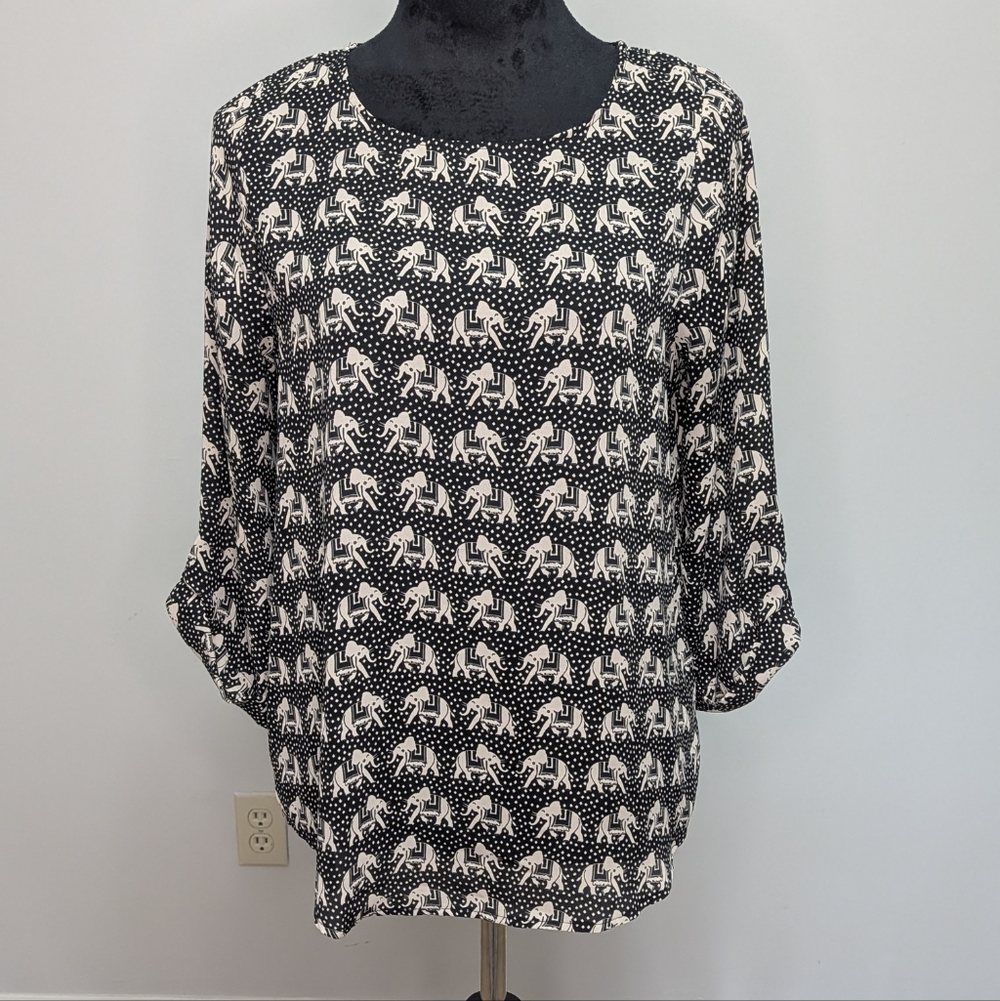 Pixley Elephant Print Black and White Women's Blouse Sz Sm Unique Print